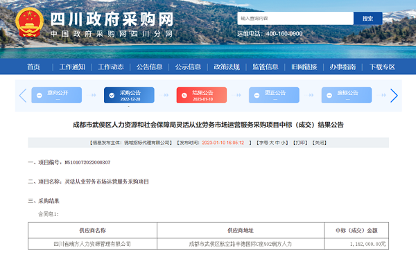 喜訊！瑞方人力中標武侯區人社局靈活從業勞務市場運營服務采購項目 第1張
